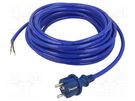 Cable; 3x1.5mm2; CEE 7/7 (E/F) plug,wires; PUR; 10m; blue; 16A PLASTROL