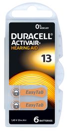 Zinc Air Battery DA13 (V13, PR48) for hearing aid 1.4V 300mAh Duracell 6pcs.