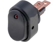 Rocker switch; ON-OFF, fixed, 3pins. 30A/12Vdc, Ø12.2mm SPST, black with red LED